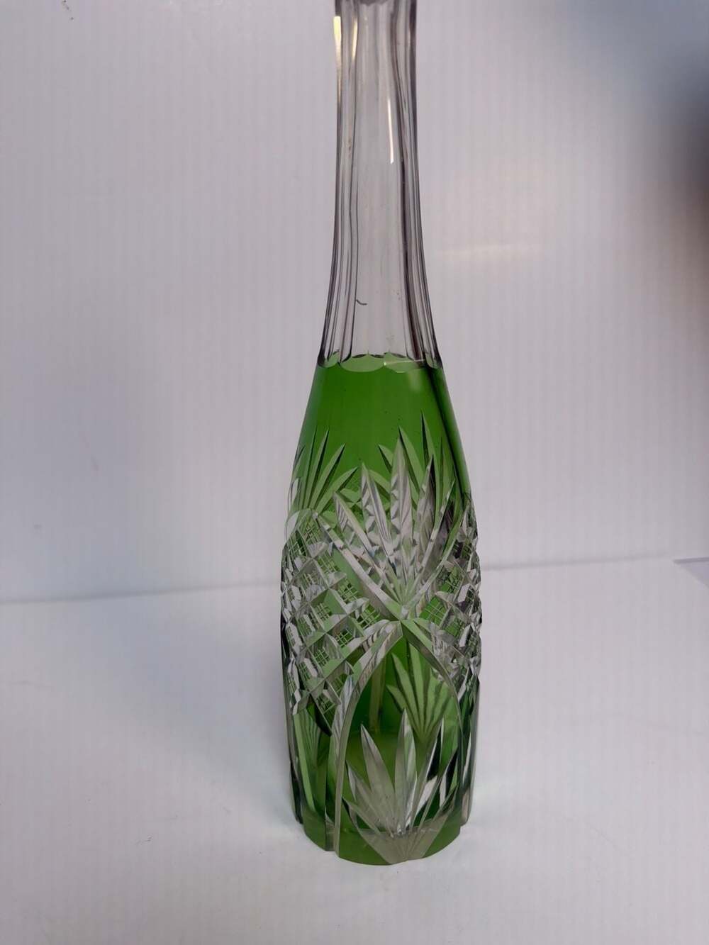 Vintage Bohemian Green Cut-to-Clear Crystal Decanter